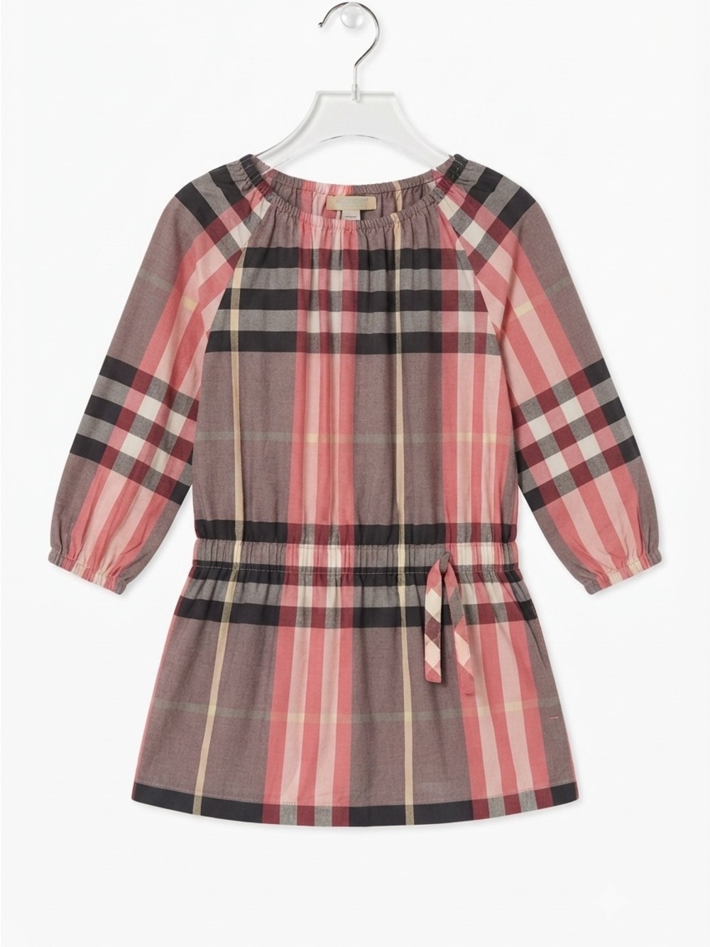 Burberry Kids Pink Plaid Check Long Sleeve Dress Size 6Y Gathered Waist